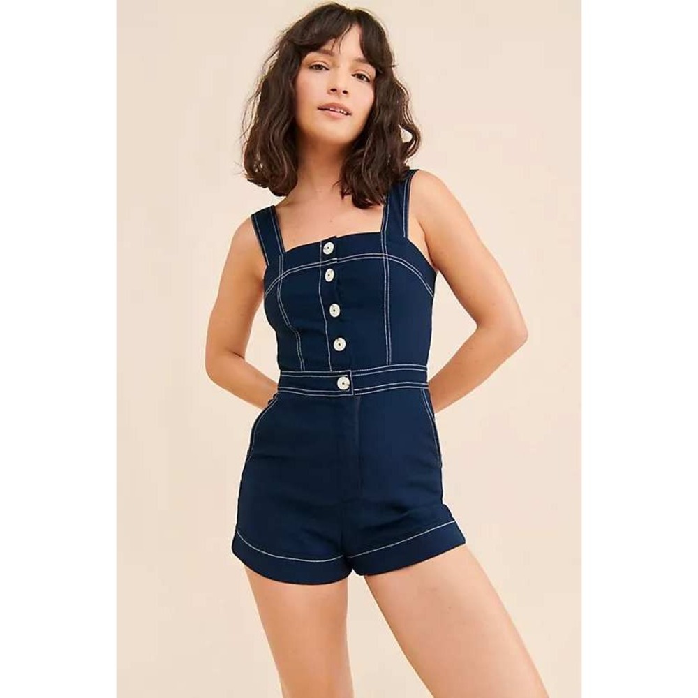 Maeve Anthropologie The Colette Romper Navy Blue Contrast Stitch Size 4